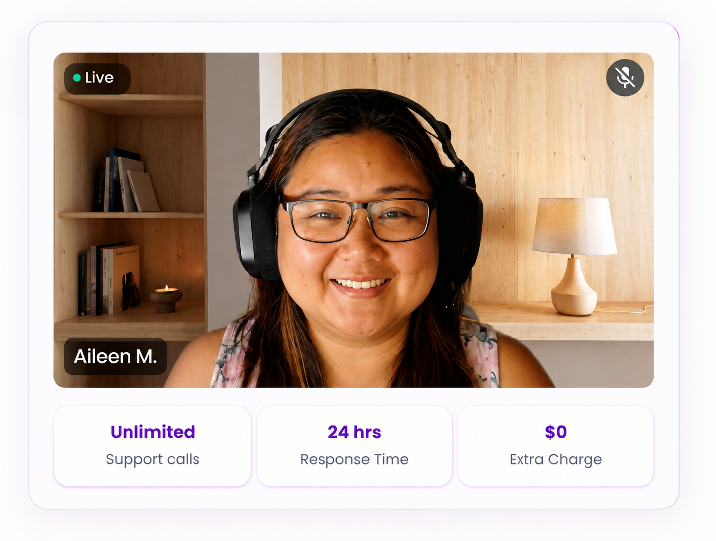 Aileen M. on a live support call with unlimited support calls, 24 hour response time and no extra charge