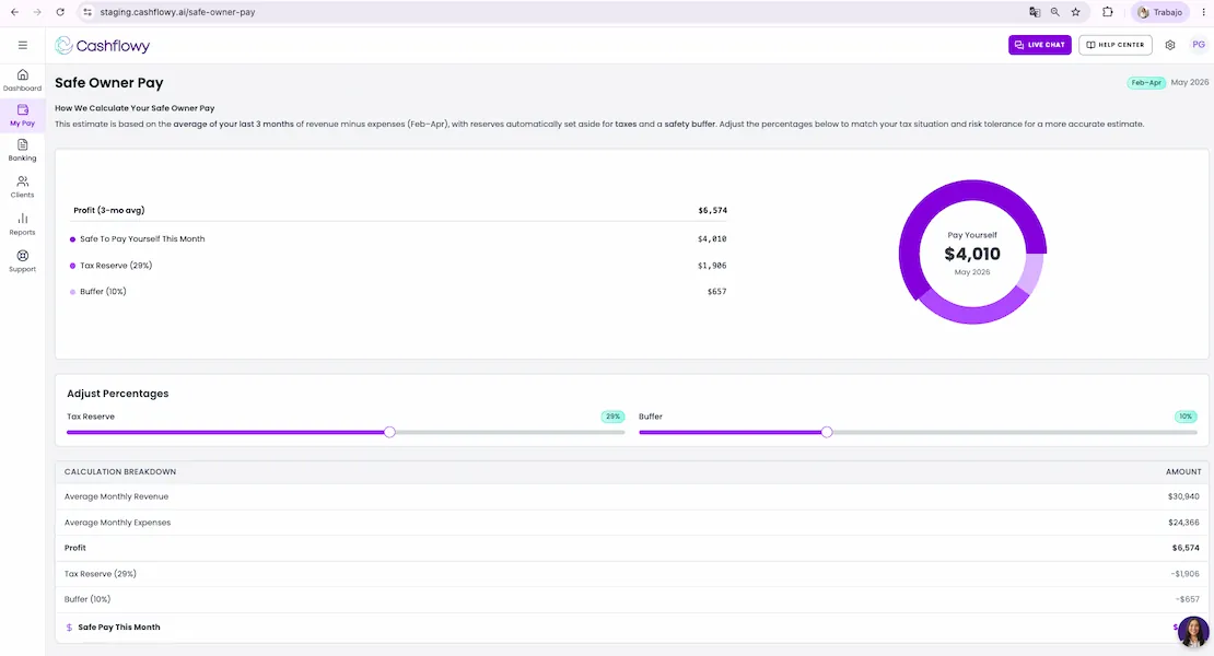 The Safe Owner Pay screen calculating what is safe to pay yourself this month